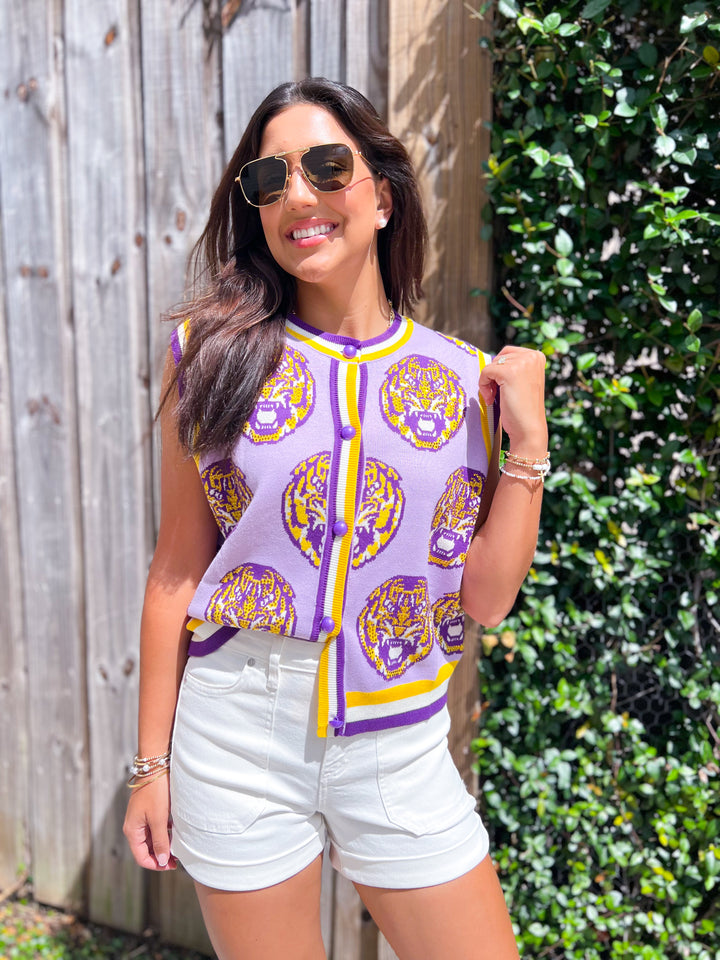 LSU Knit Rhinestone Button Up Vest