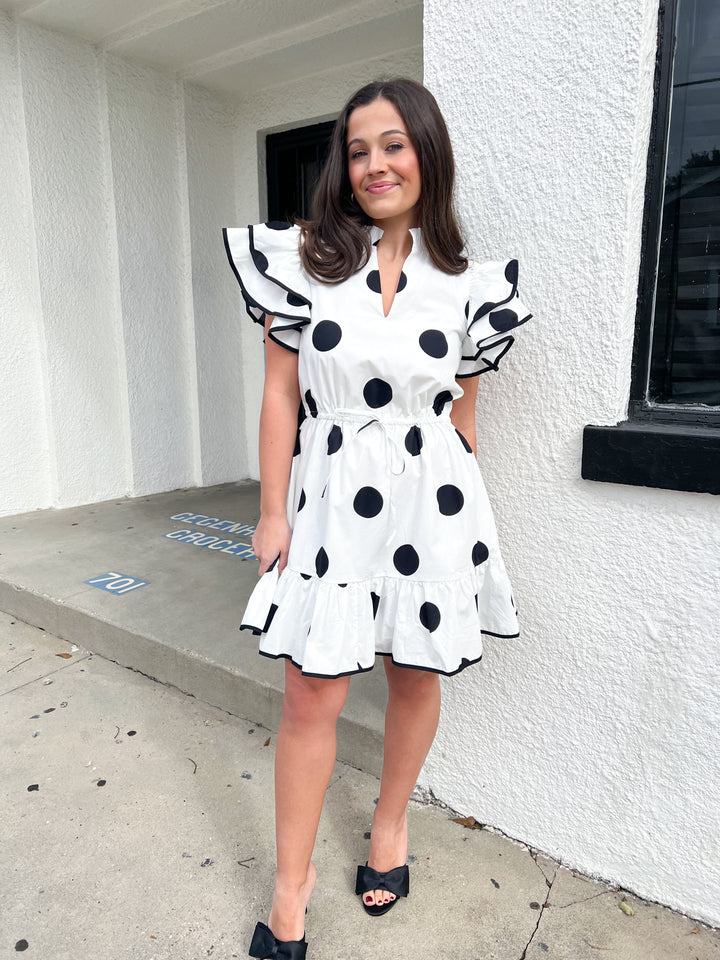 Randal Polka Dot Ruffle Shift Mini Dress