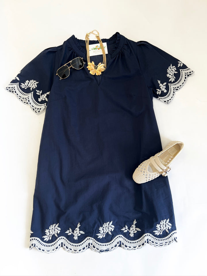 Navy Melania Embroidered Mini Shift Dress