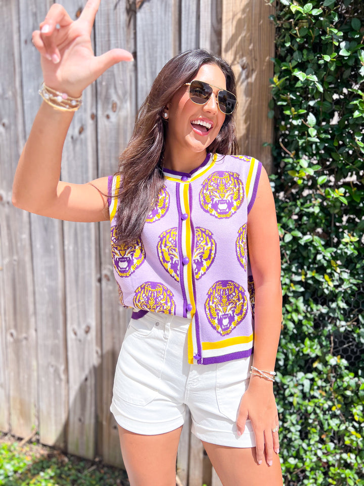 LSU Knit Rhinestone Button Up Vest