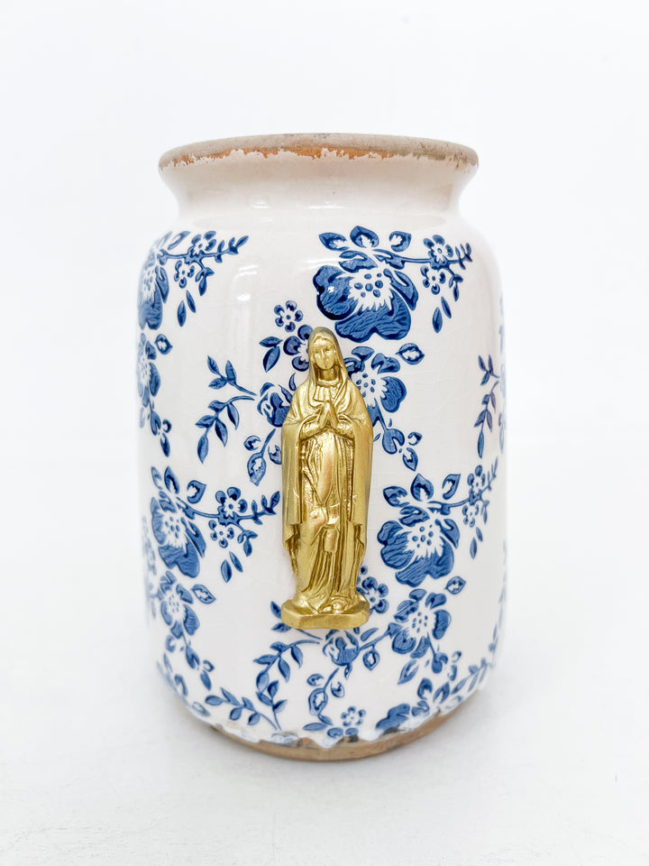 Mother Mary Intaglio on Blue/ White Chinoiserie Ceramic Vase
