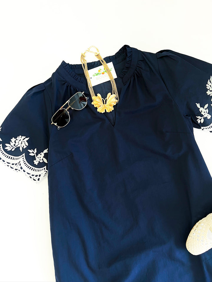Navy Melania Embroidered Mini Shift Dress