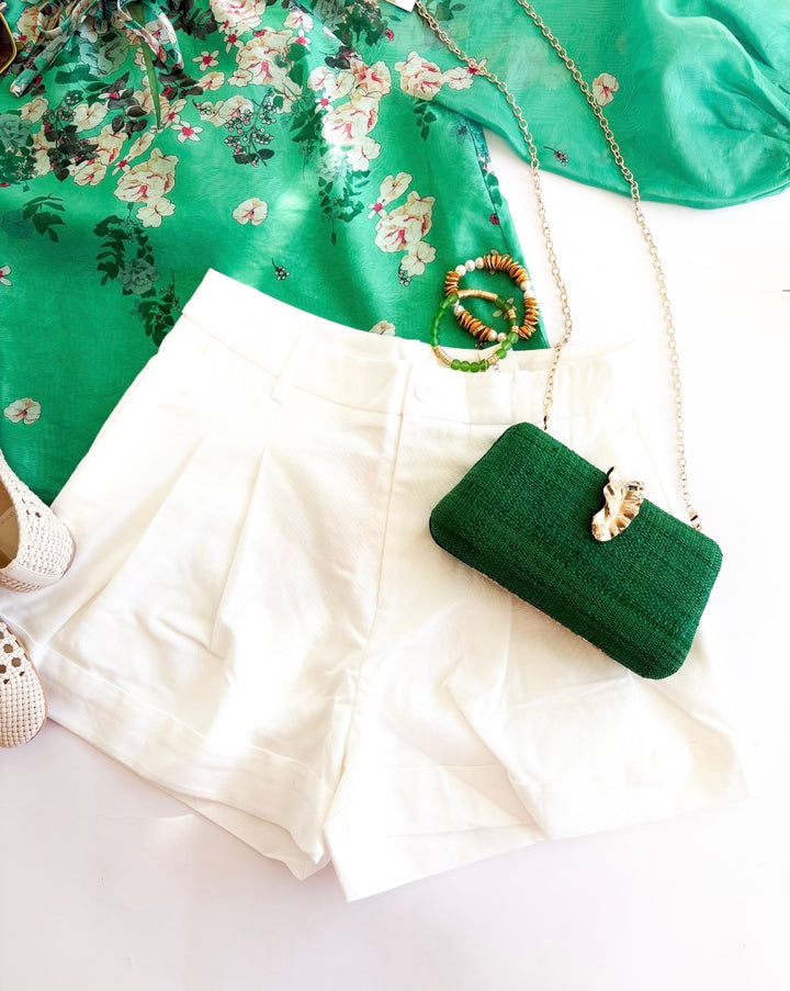 White Front Pleated Shorts