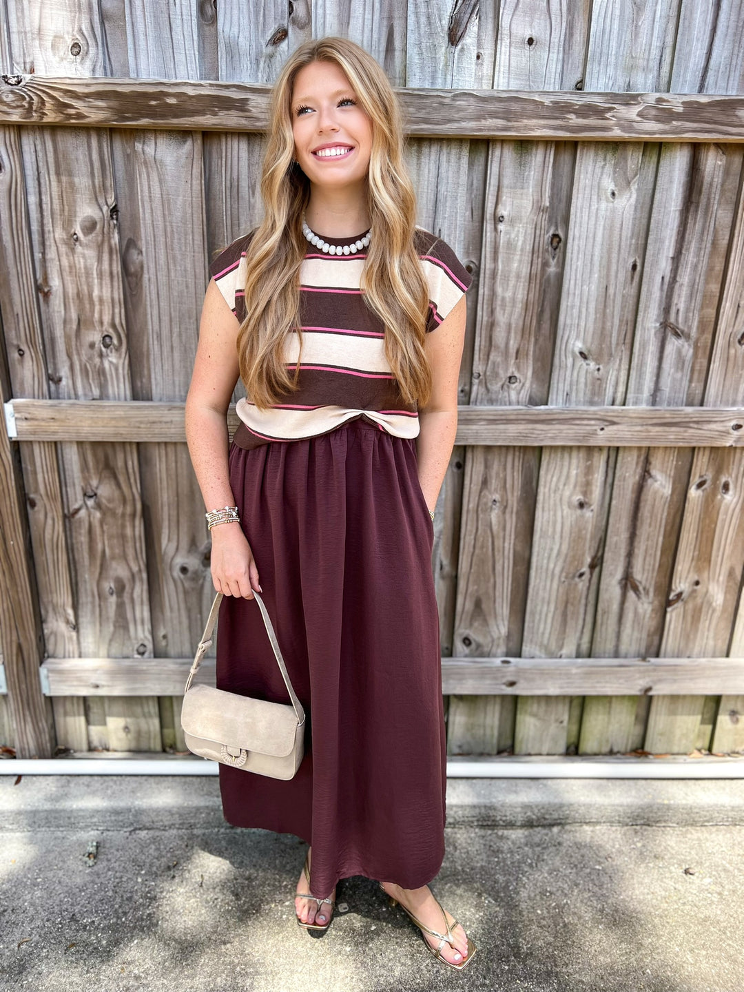 Brown and Pink Mixed Sweater Midi Dress