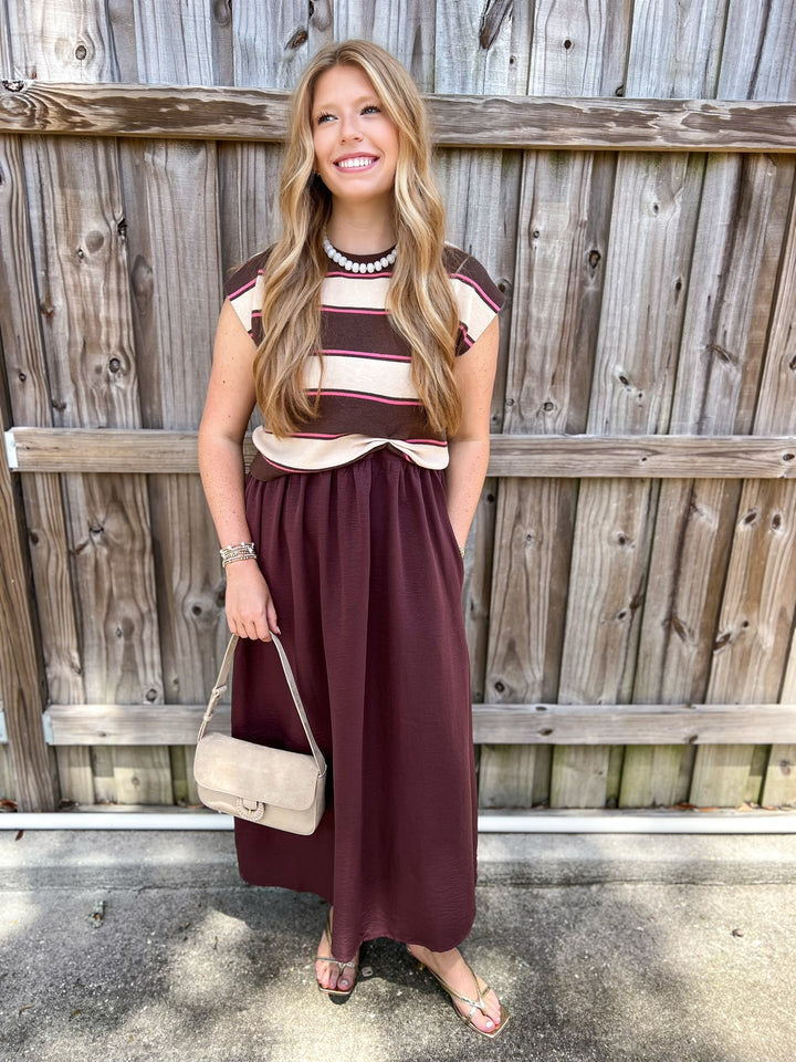 Brown and Pink Mixed Sweater Midi Dress