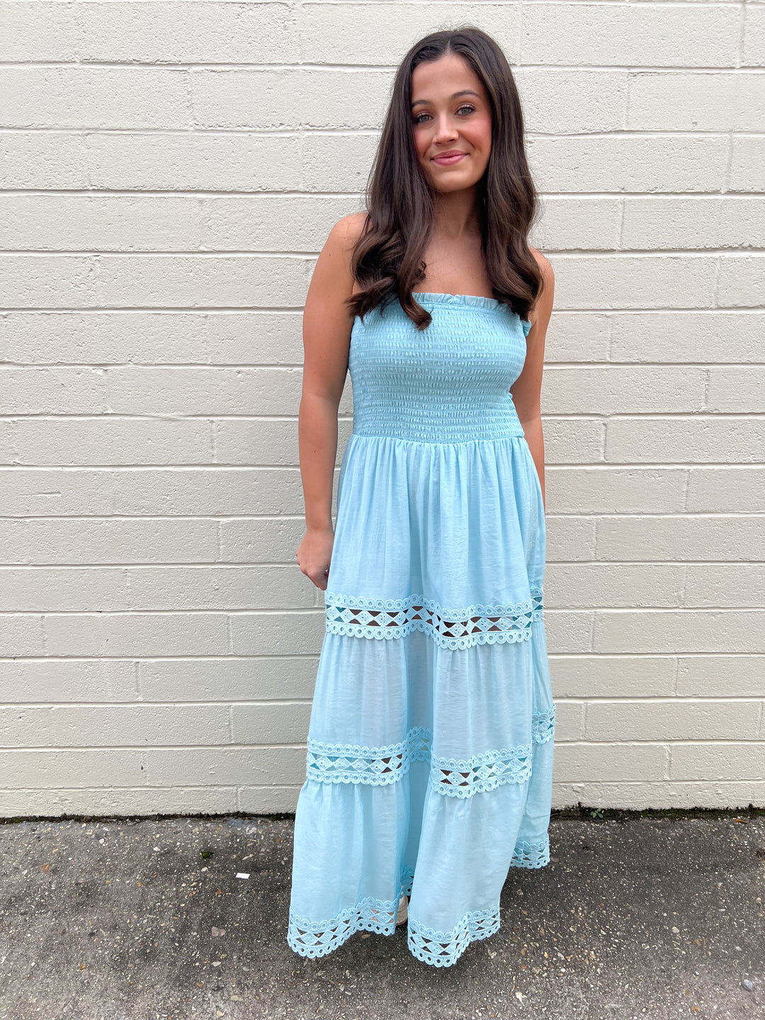 Blue Brightful Maxi Tiered Strapless Dress