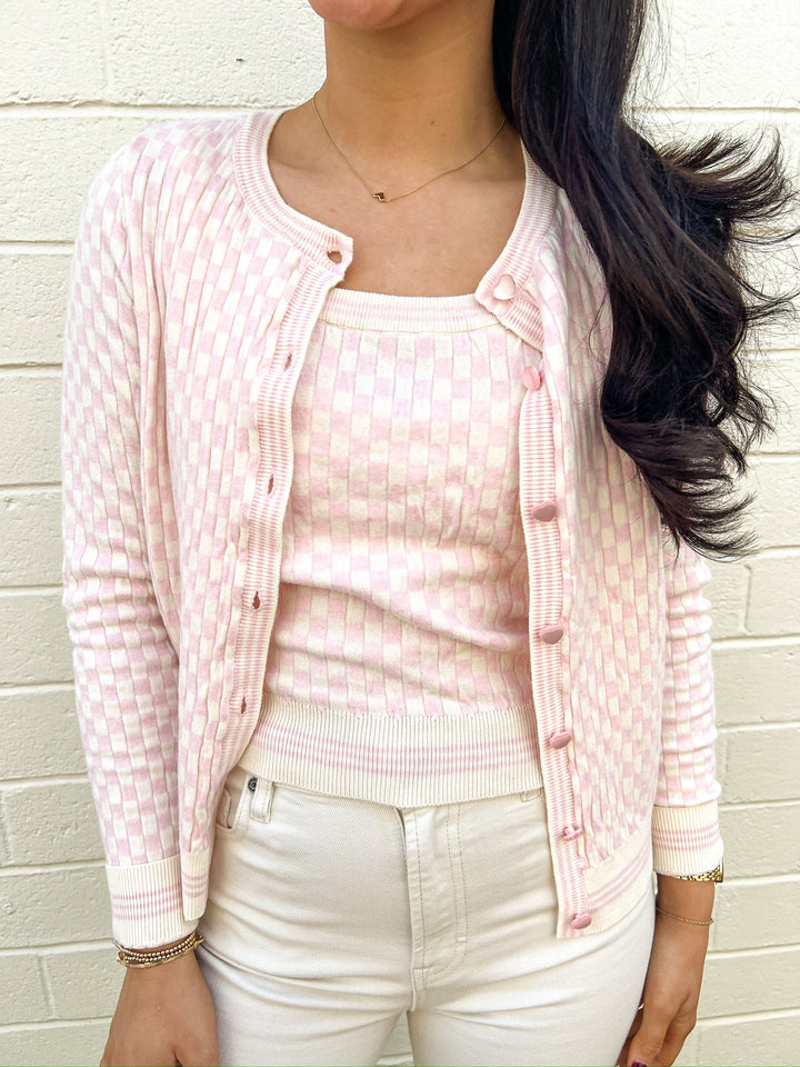 Pink Checkered Lover Cardigan & Tank Set