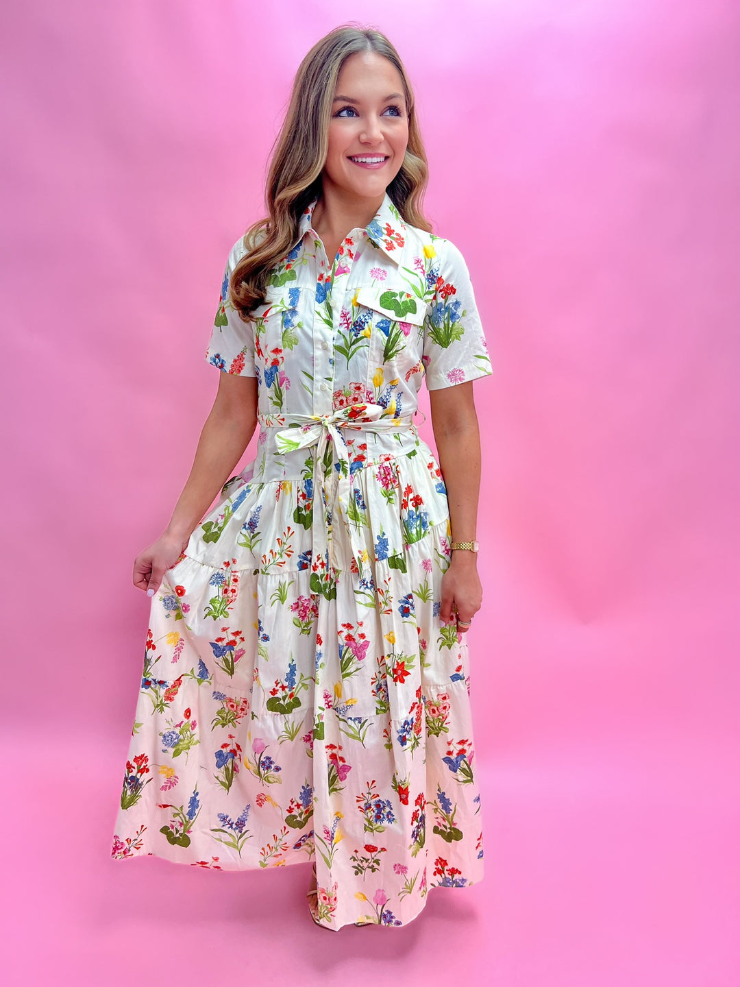 Cream Multi Floral Bloom Tie Waist Midi