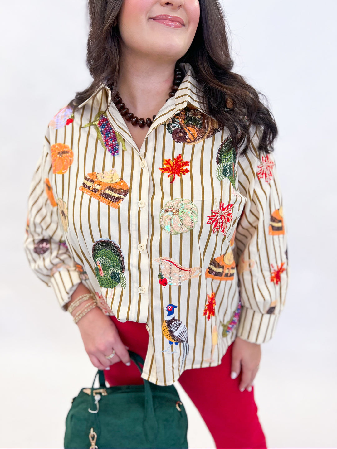 Thanksgiving Icon Beige Striped Button Up