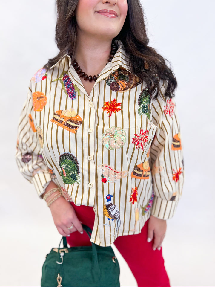 Thanksgiving Icon Beige Striped Button Up