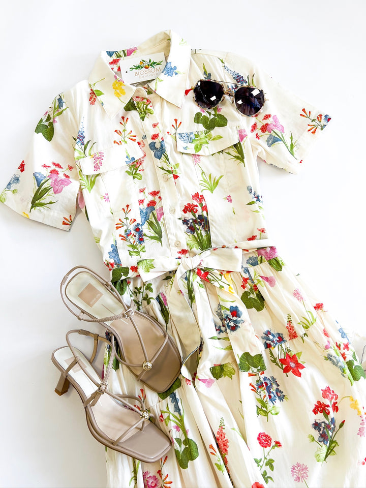 Cream Multi Floral Bloom Tie Waist Midi