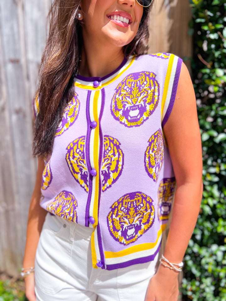 LSU Knit Rhinestone Button Up Vest