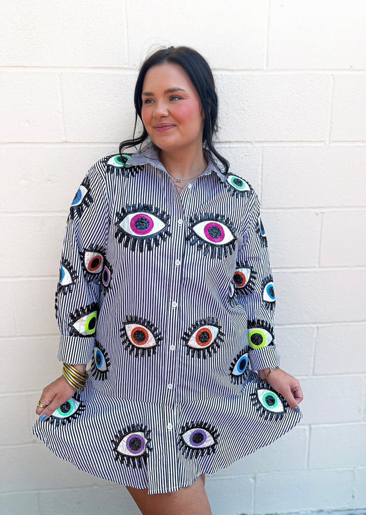 Multi Eye Button Up Ruffle Dress