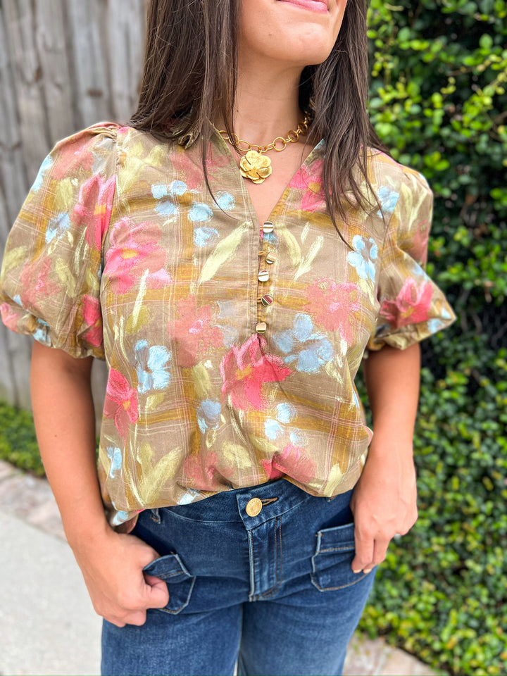 Olive Muted Blooms Top