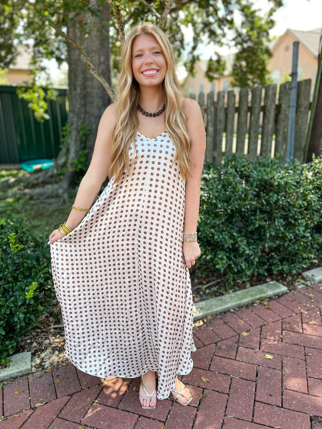 Beige & Brown Polka Dot Slip Maxi Dress