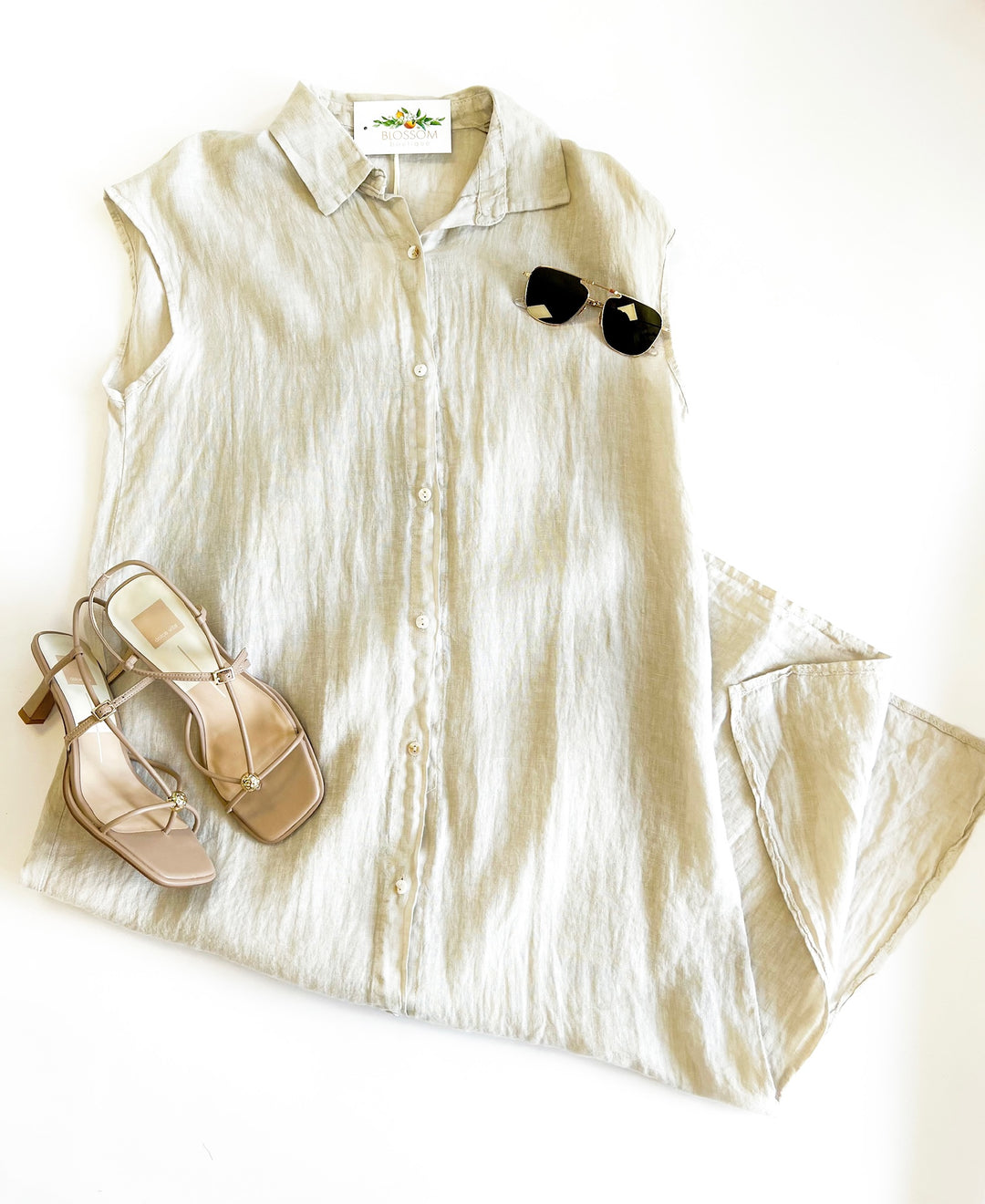 Beige Linen Ease Shirt Dress