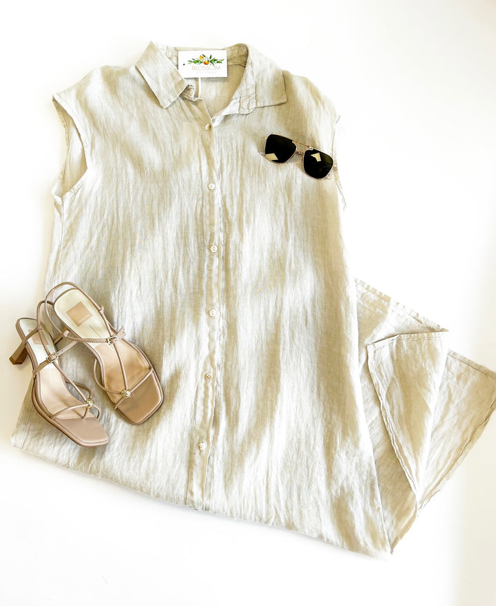 Beige Linen Ease Shirt Dress