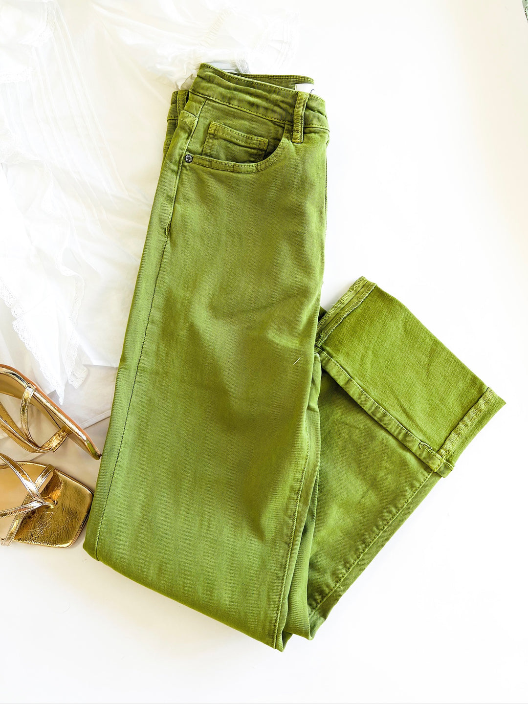 Green Straight Leg Cropped Jeans