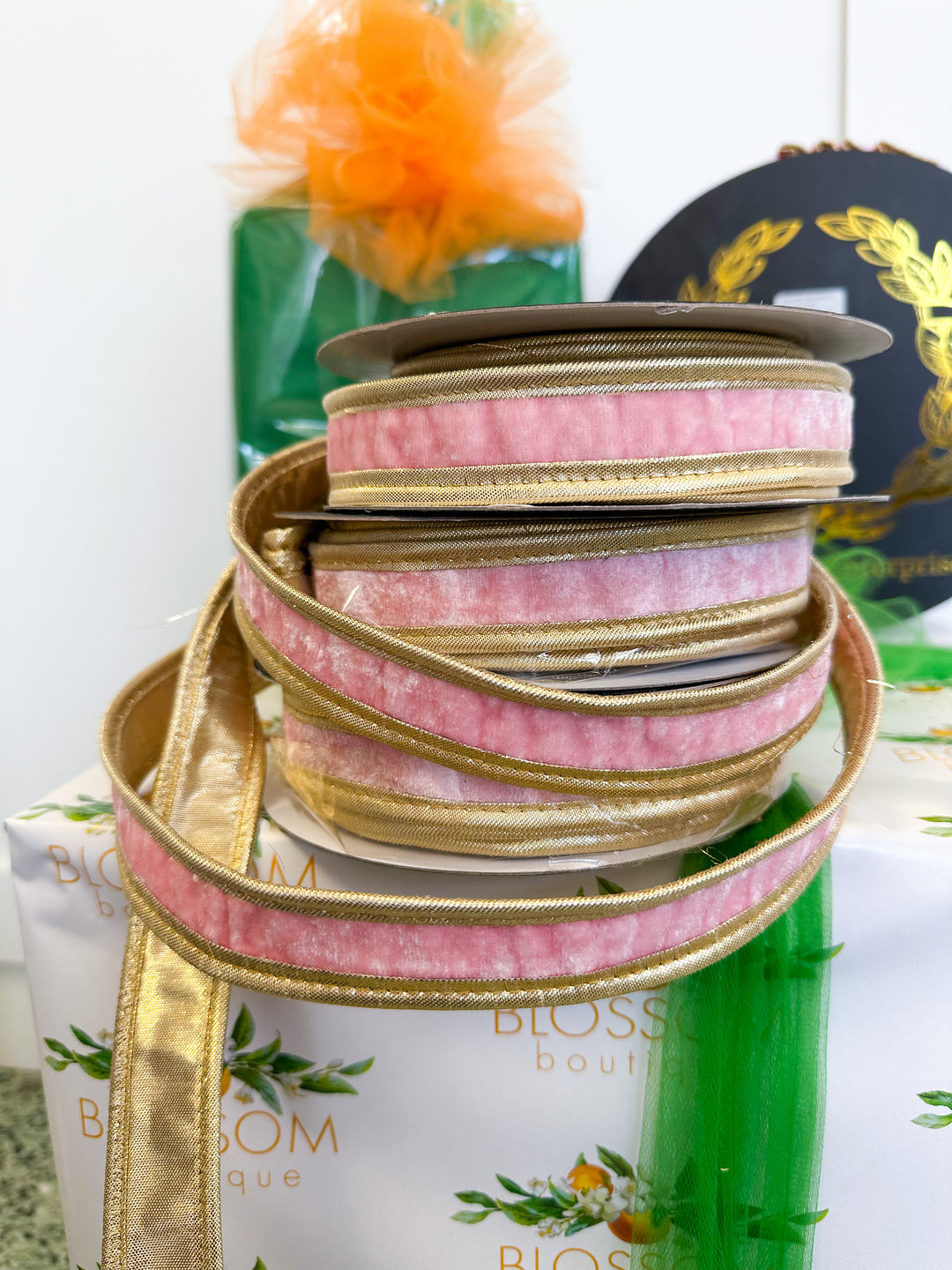 Pink Velvet Fused Metallic Dupion Gold Piping - 1x10yd