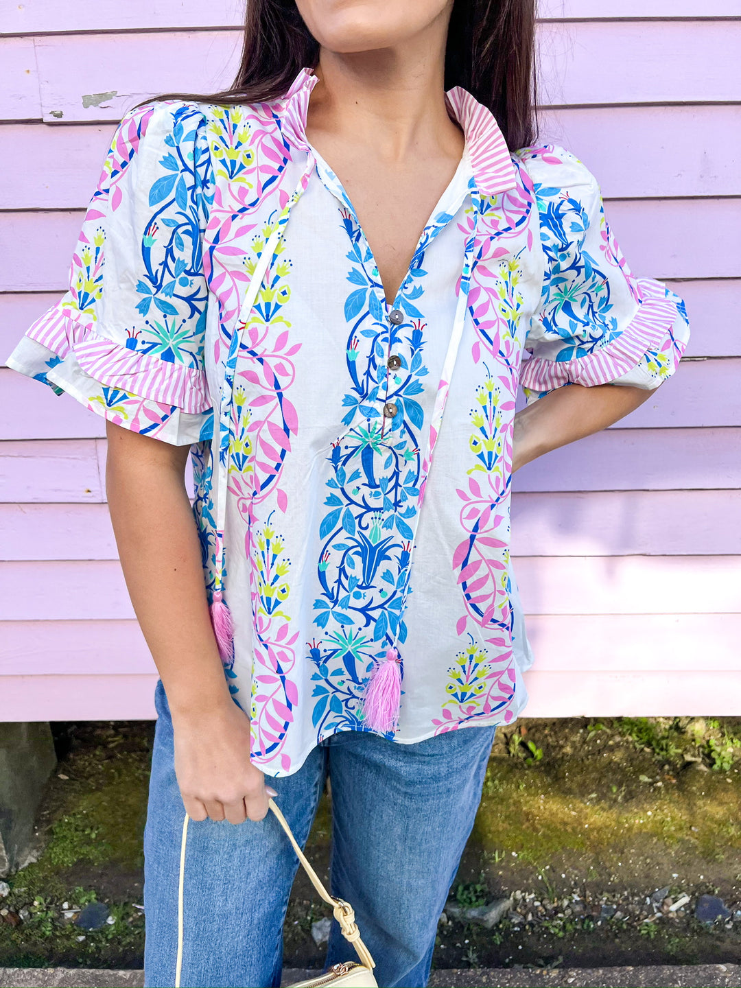 Brights Pink Stripe Trimmed Top