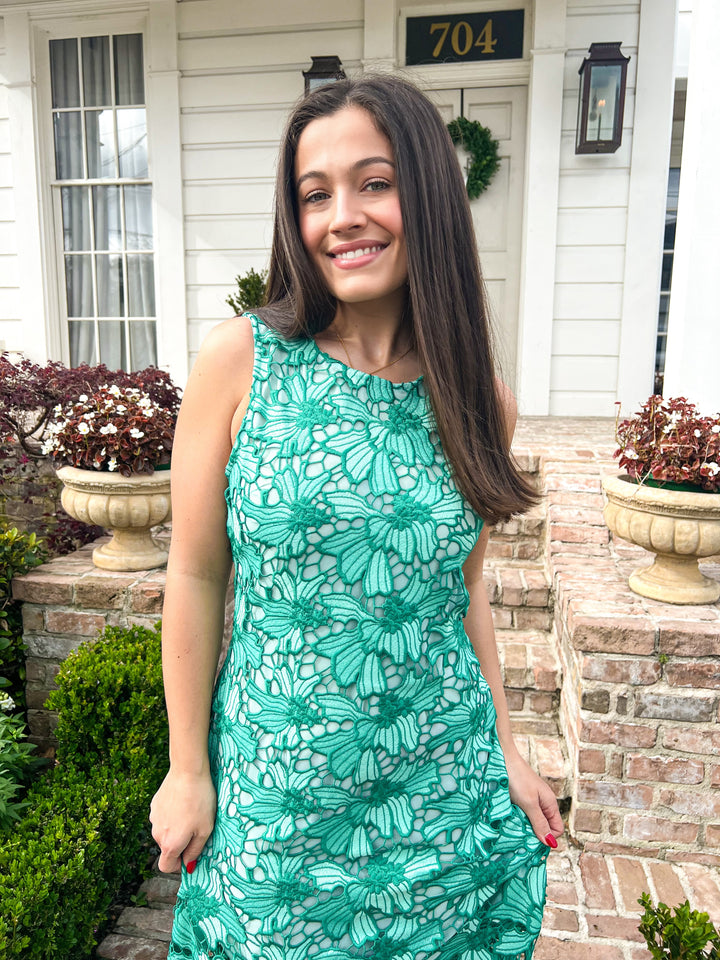 Kelly Green Floral Embroidered Midi Dress