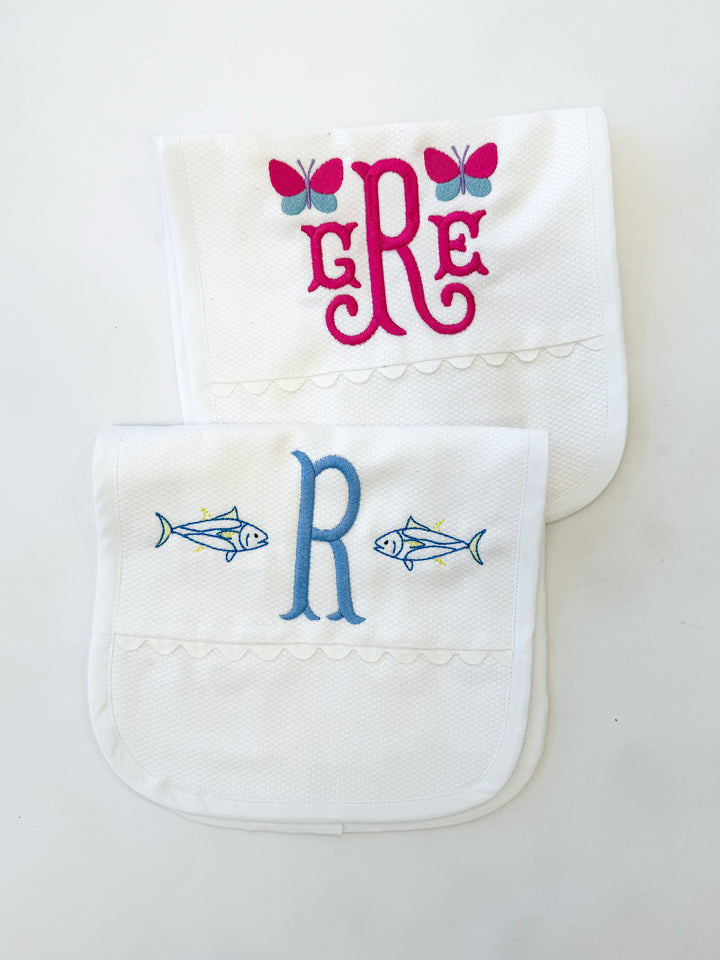Personalized Themed Scalloped Trimmed White Burp Cloth