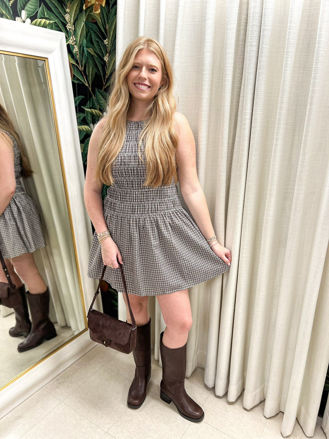 Brown Check Smocked Dress