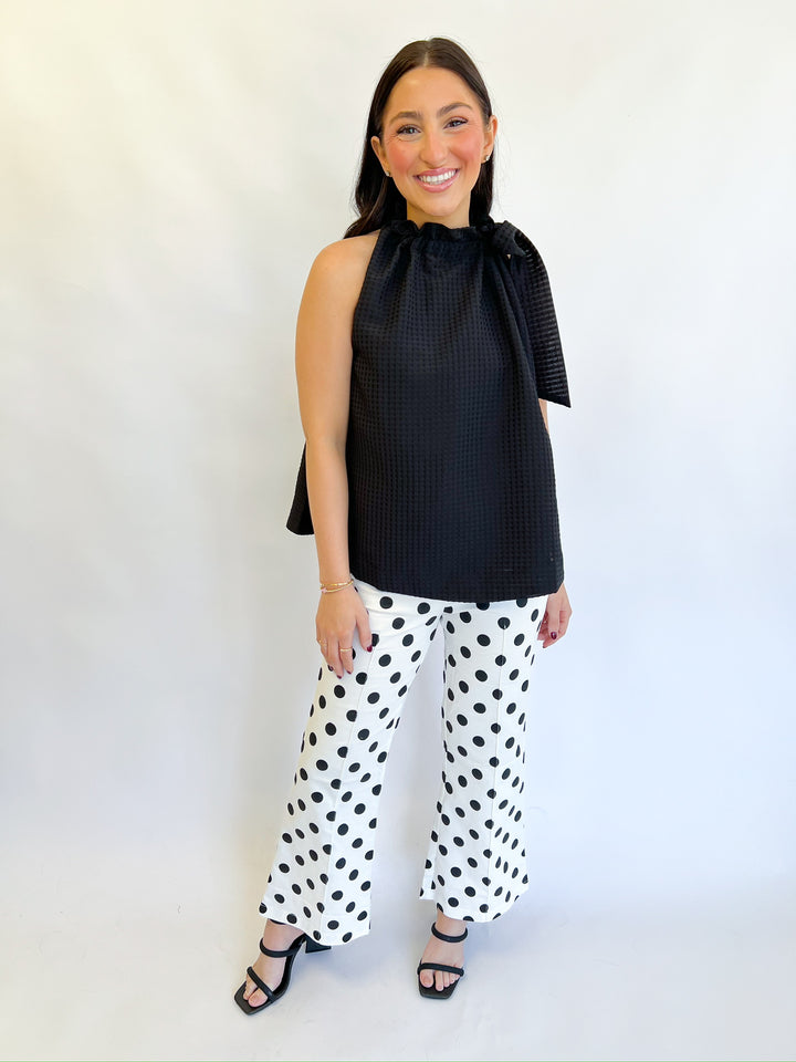 Black Ruffle Neck Tie Top