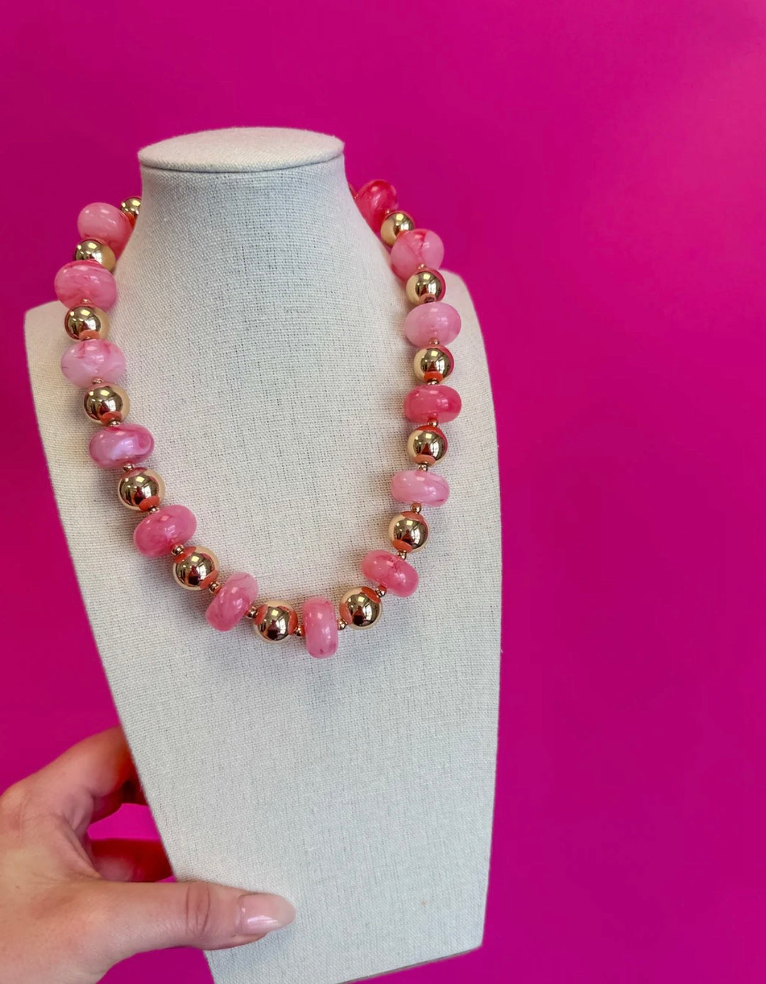 Pink Colorful Bead with Gold Bead Necklace
