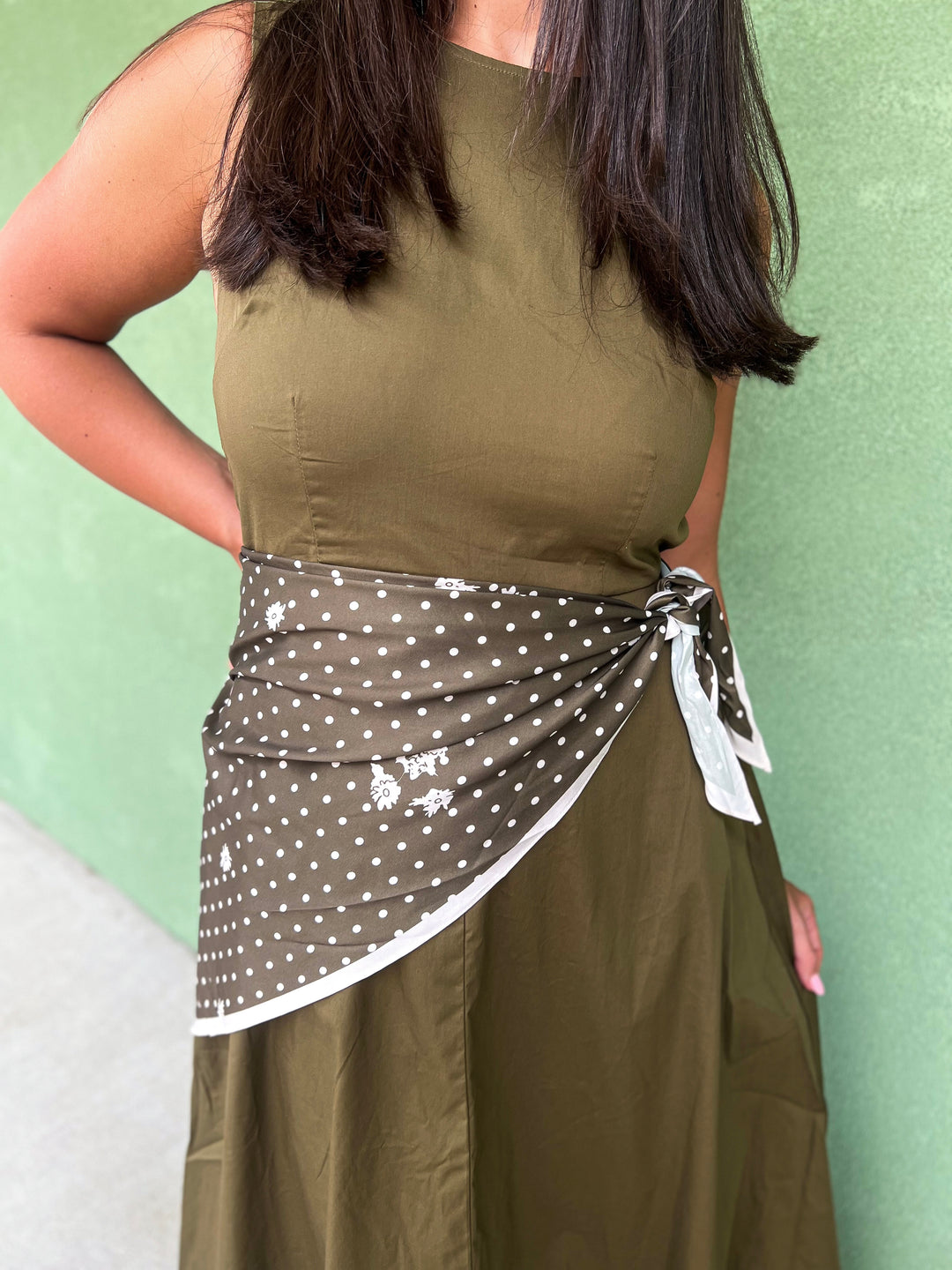 Olive Dottie Scarf Tie Midi Dress