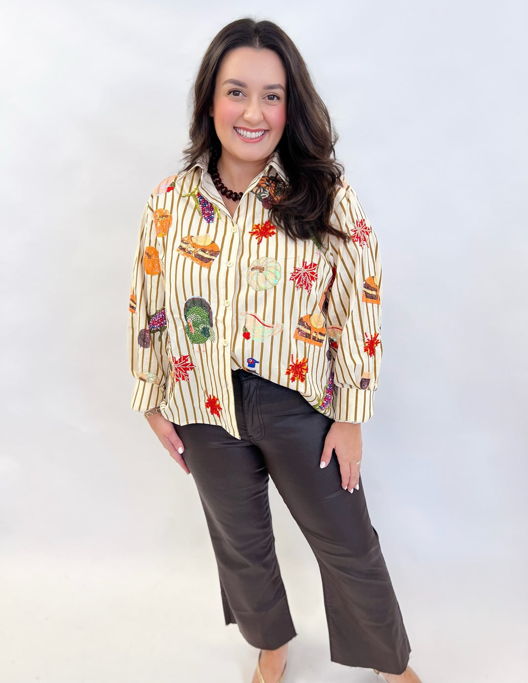 Thanksgiving Icon Beige Striped Button Up