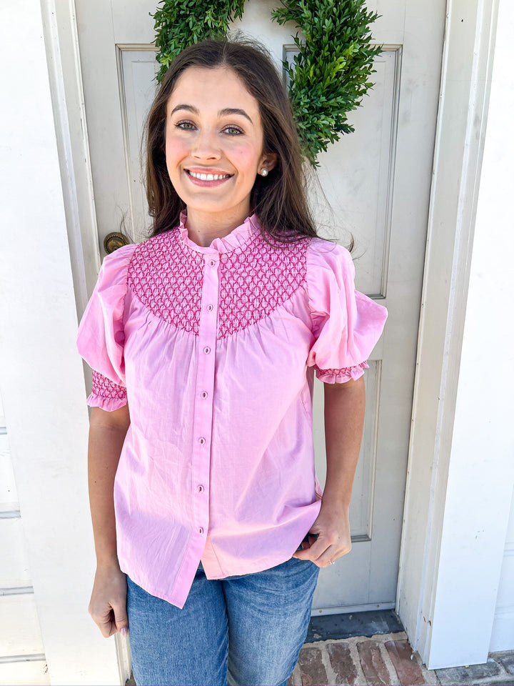 Pink Lillian Embroidered Button Down Top