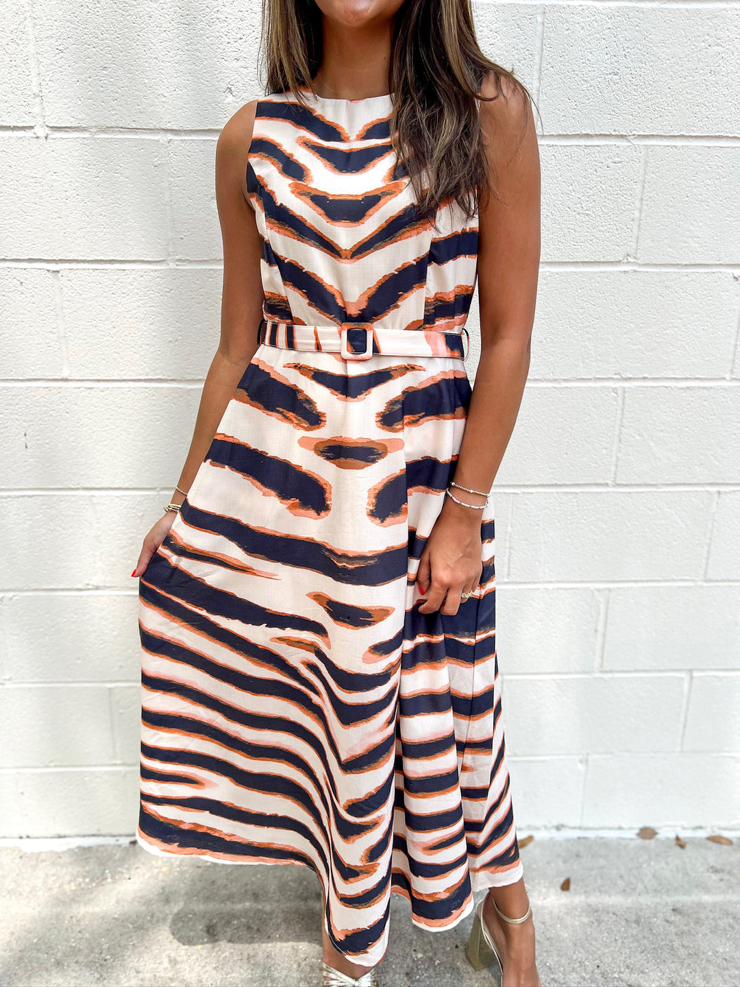 Oslo Tiger Belted Midi Dress