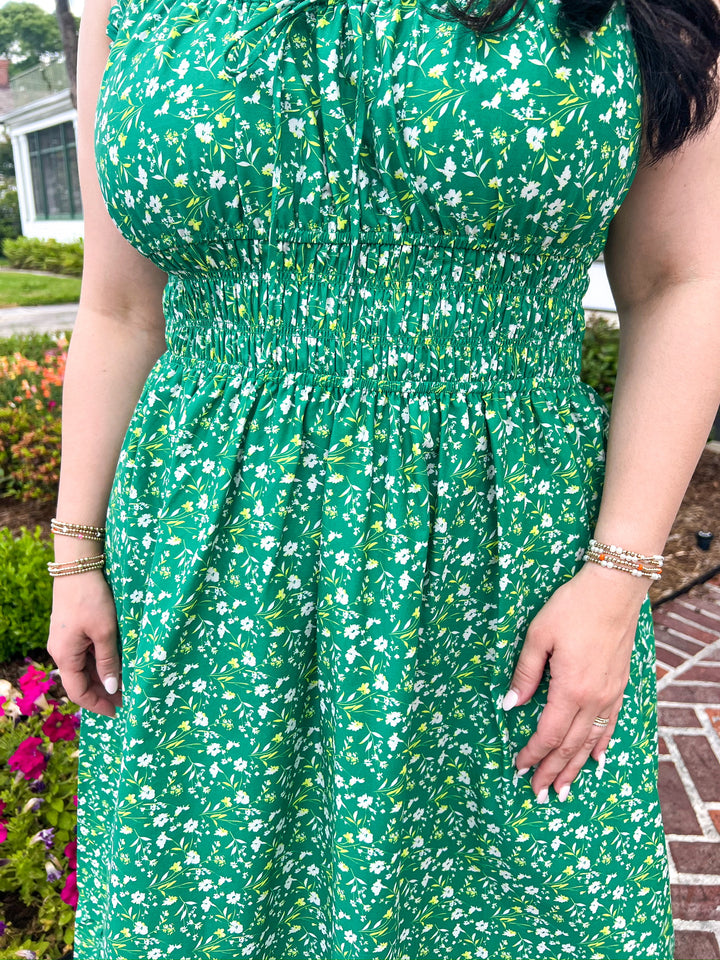 Kelly Green Sun Escape Shirred Waist Midi Dress
