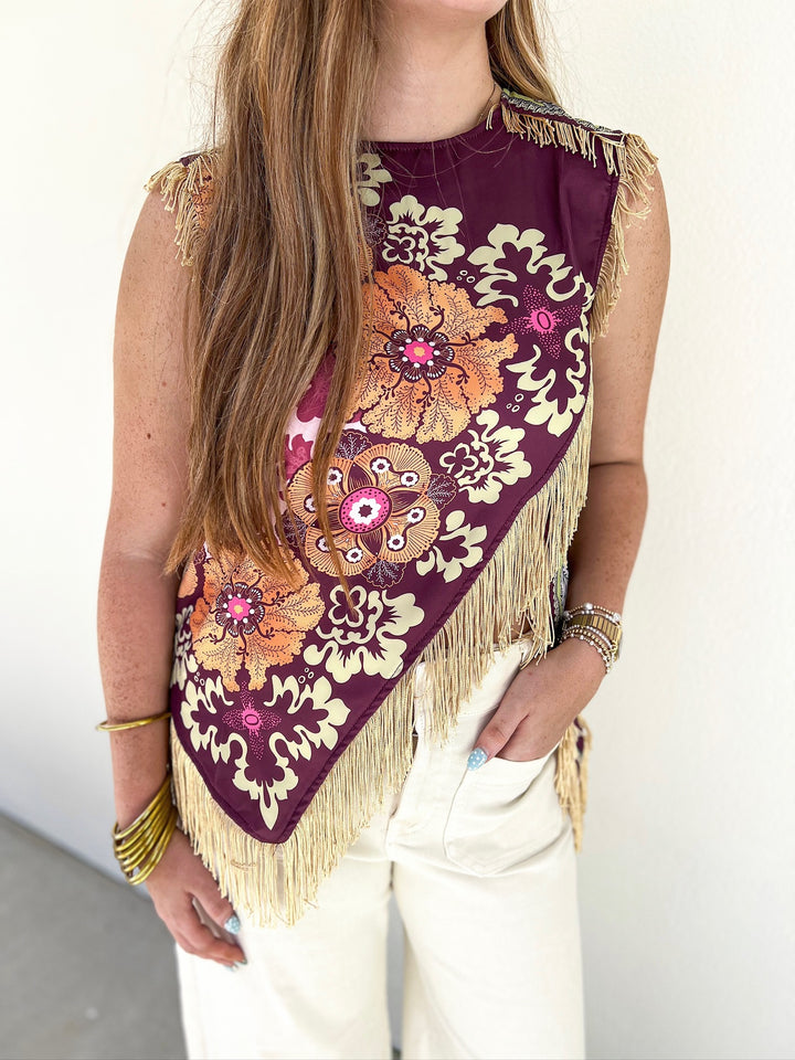 Wine Asymmetrical Crossen Fringe Top