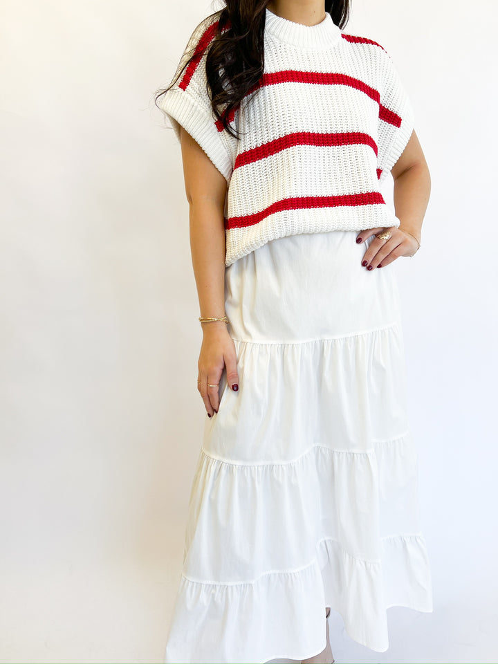 Red & White Mixed Sweater Midi Dress