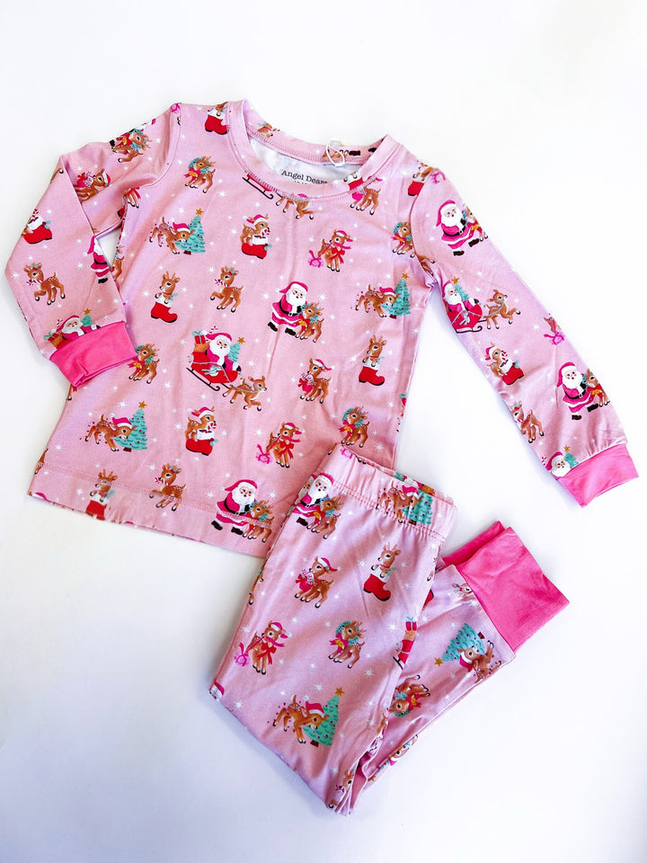 Pink Vintage Reindeer & Santa Longe Sleeve Loungewear Set