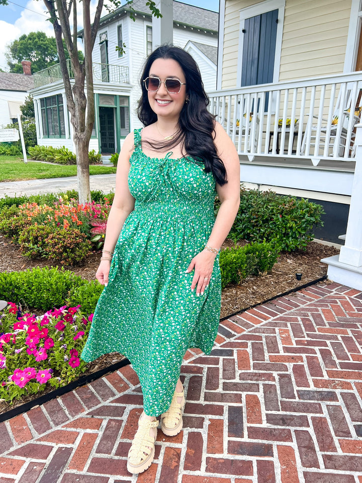 Kelly Green Sun Escape Shirred Waist Midi Dress