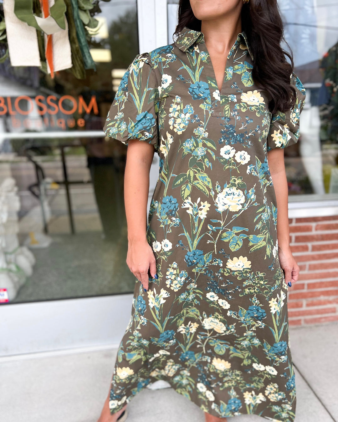 Green Floral Meadow Brown Midi
