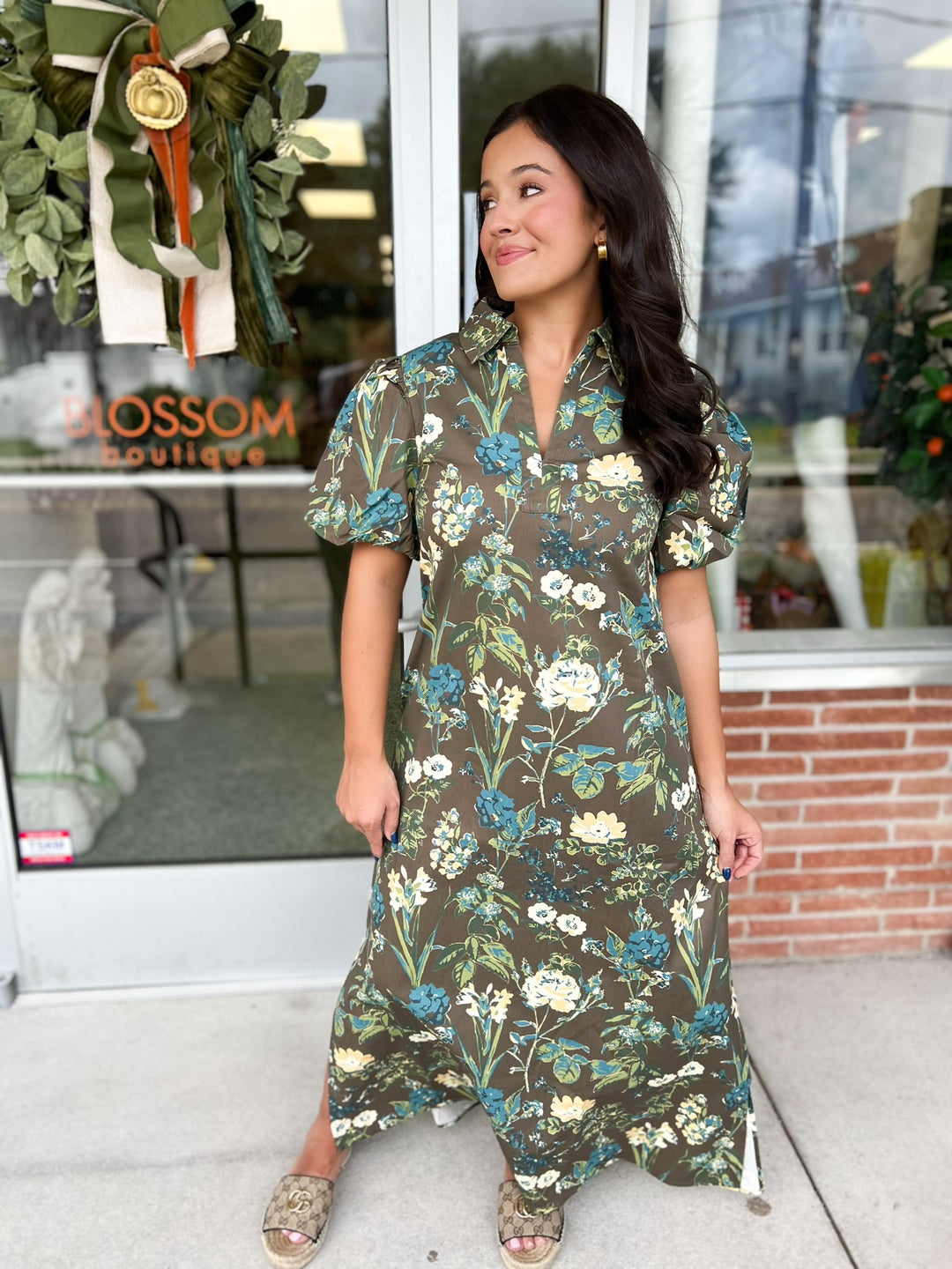 Green Floral Meadow Brown Midi
