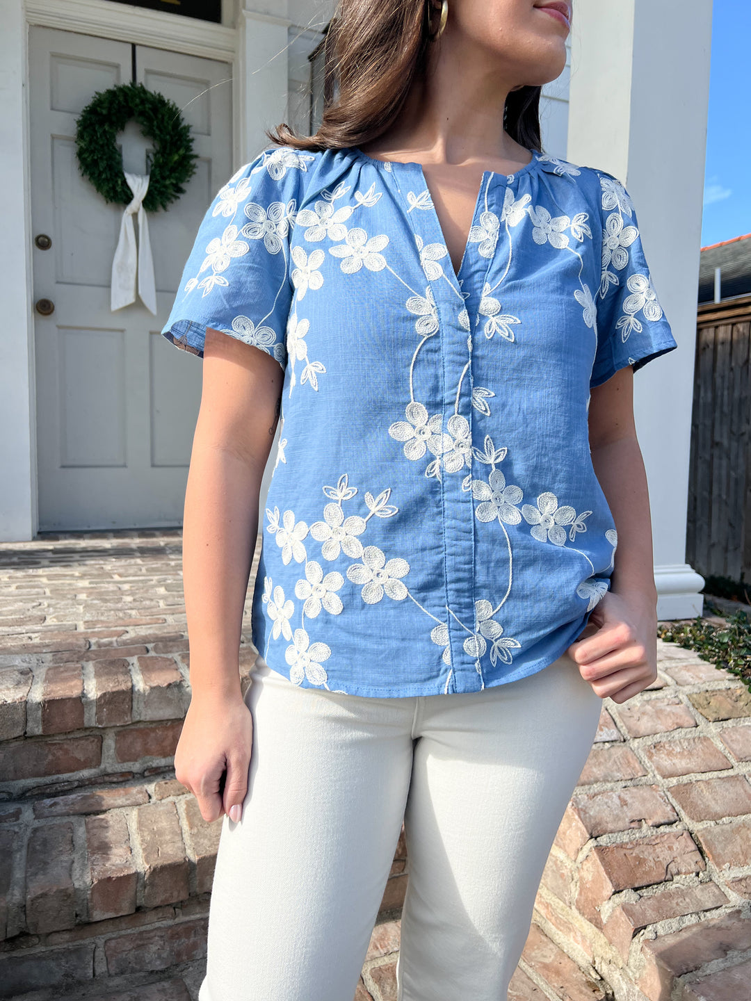 Keren Embroidered Split Neck Top