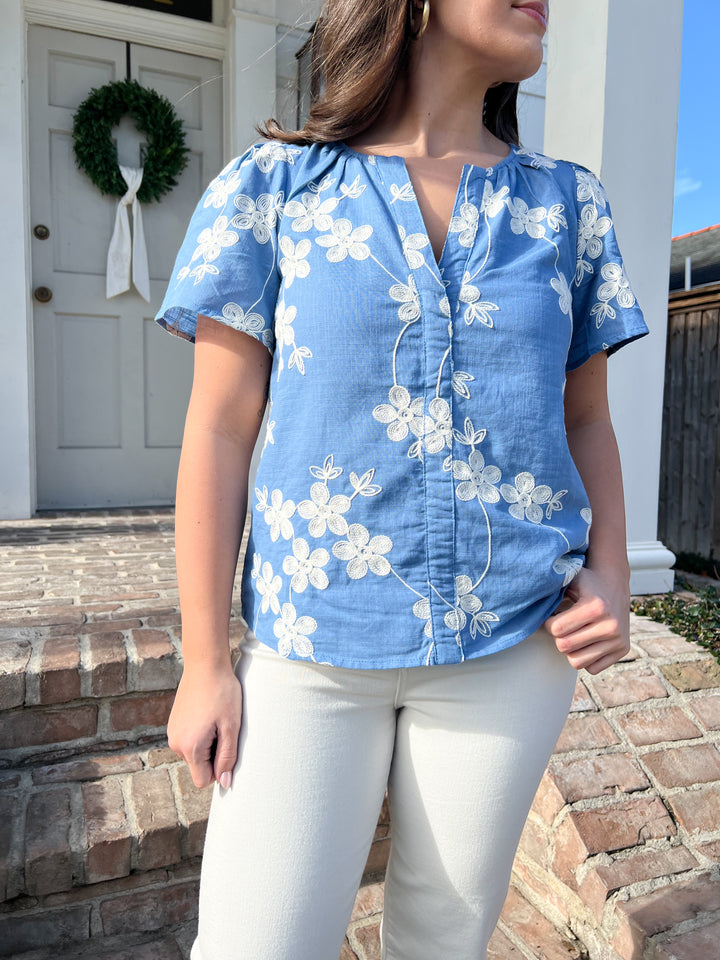 Keren Embroidered Split Neck Top