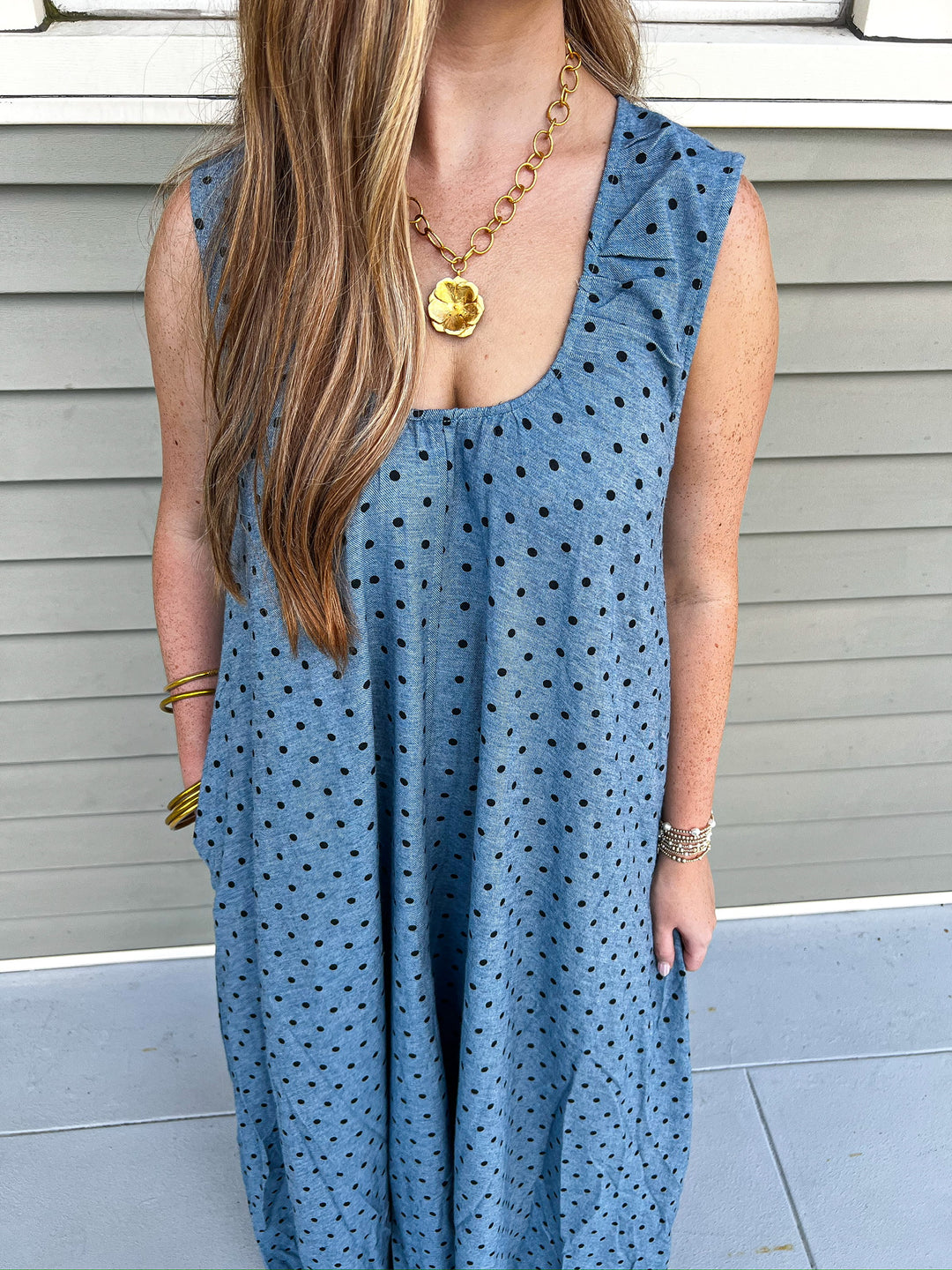Denim Polka Dot Scoop Maxi Dress