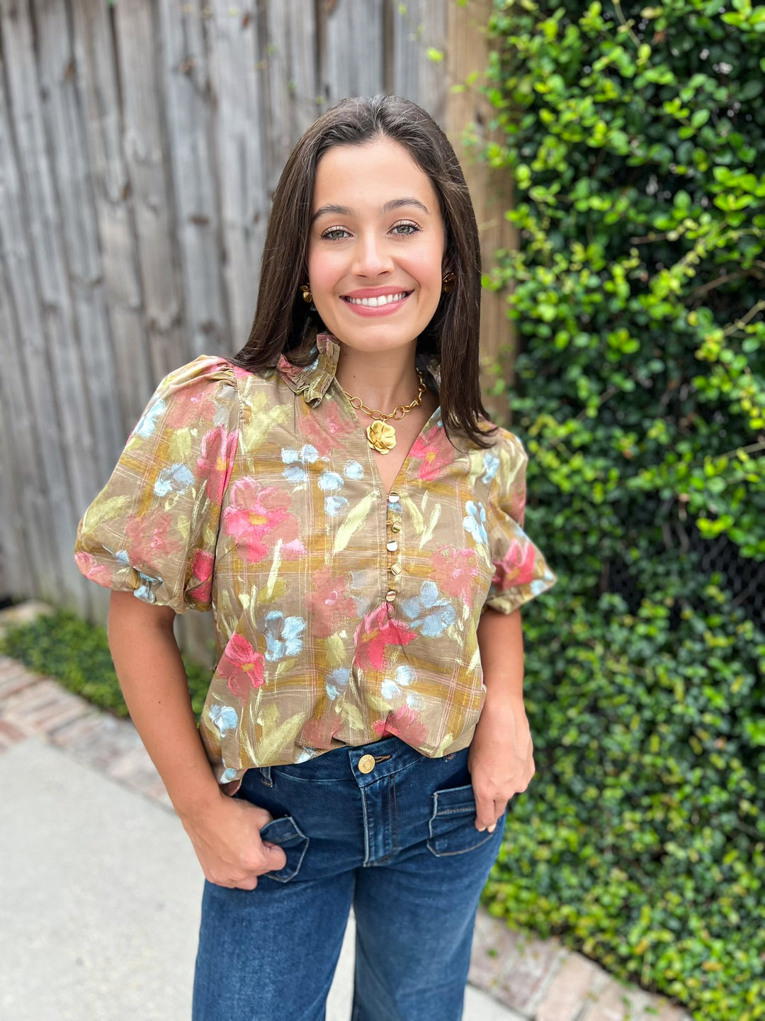 Olive Muted Blooms Top