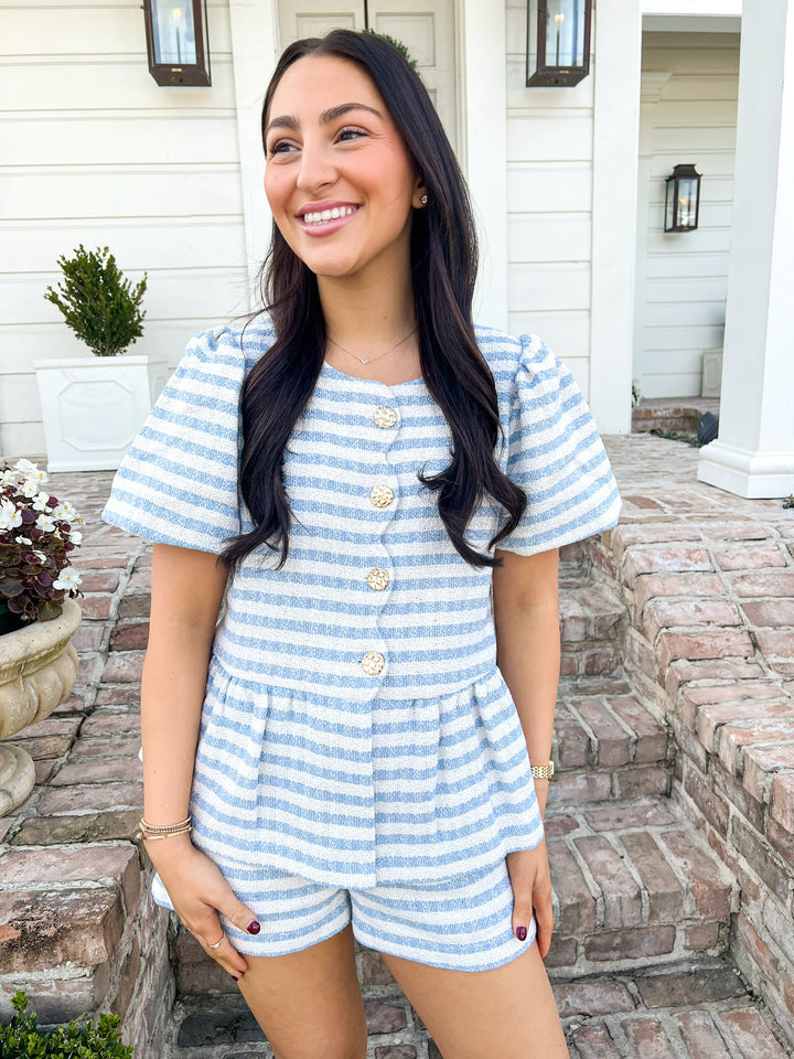 Sky Blue & White Summer French Peplum Jacket