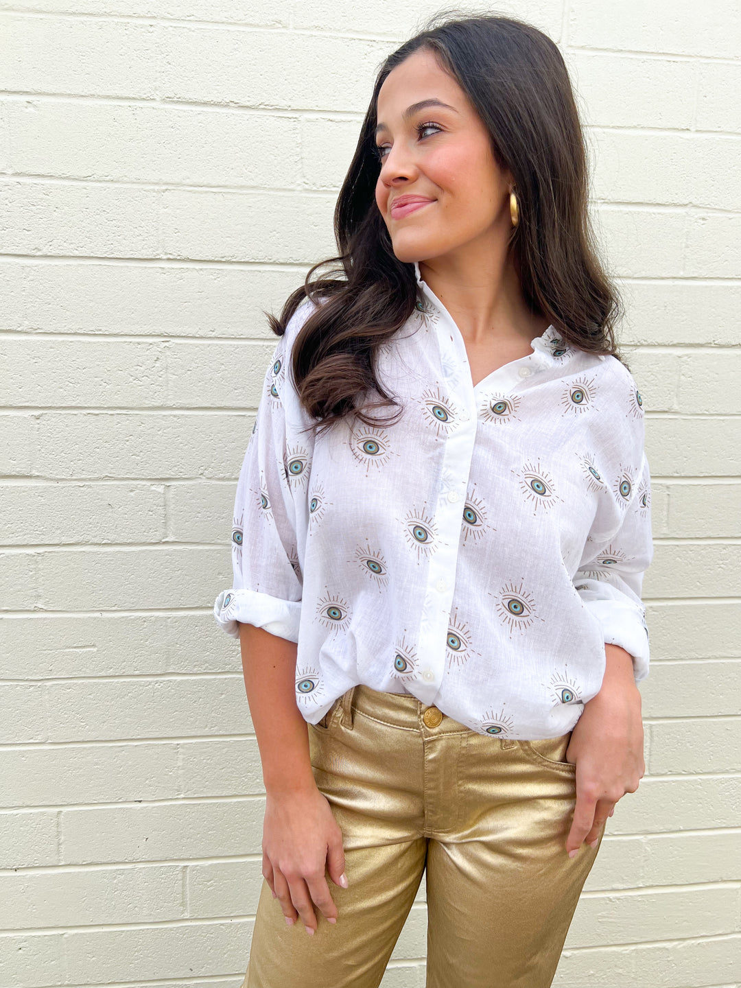 White Evil Eye Button Down