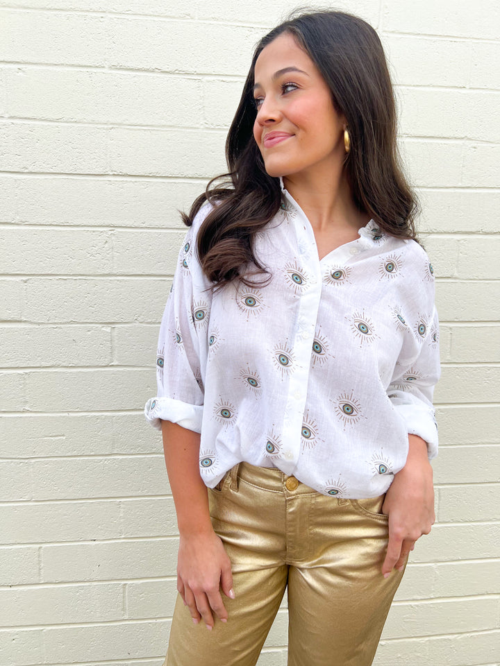 White Evil Eye Button Down