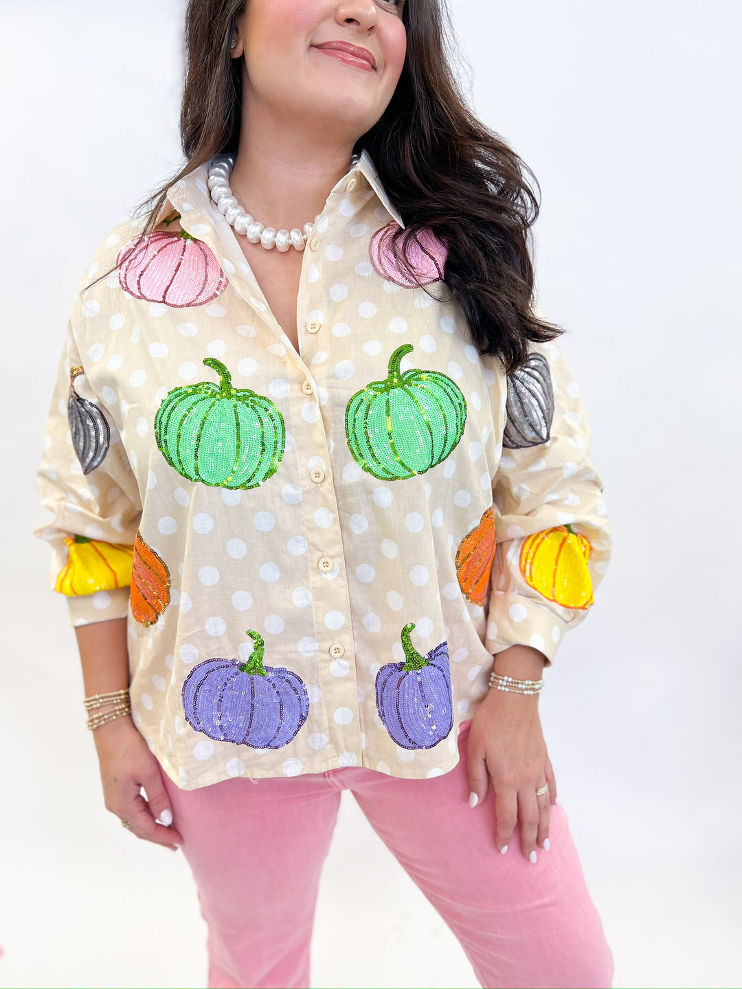Multi Pumpkin Polka Dot Button Up