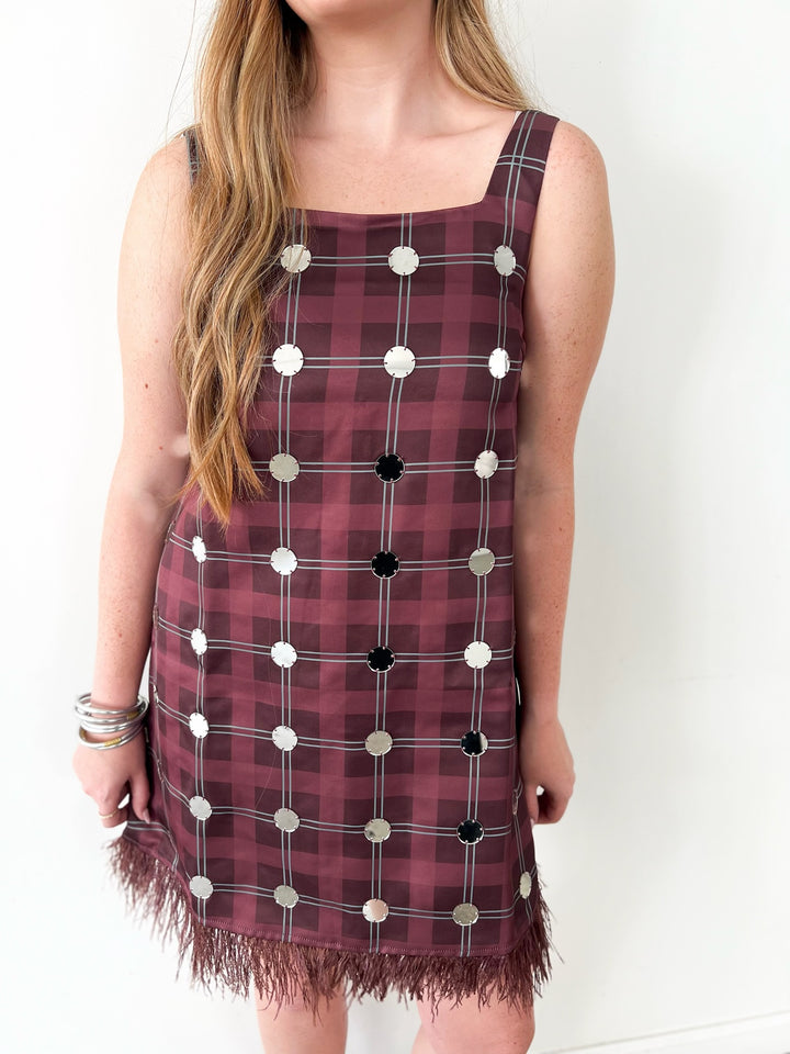 Plaid Burgundy Feather Trim Mini Dress