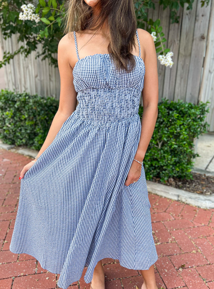 Navy Seersucker Gingham Midi Dress